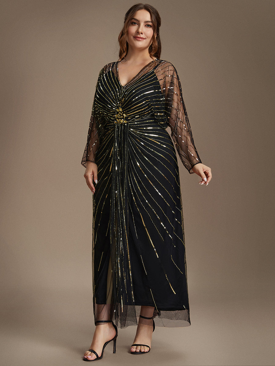 Color=Black Gold | Volume Discounts Long Sleeve Sheath V-Neck High Stretch Maxi Evening Dresses with Slit & Beading-Black Gold 9