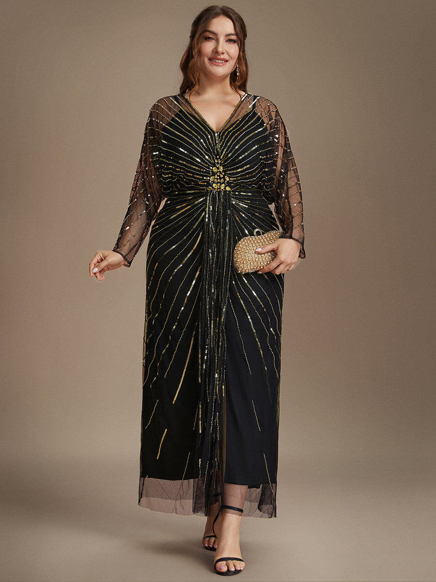 Color=Black Gold | Volume Discounts Long Sleeve Sheath V-Neck High Stretch Maxi Evening Dresses with Slit & Beading-Black Gold 10