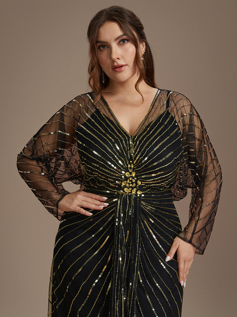 Color=Black Gold | Volume Discounts Long Sleeve Sheath V-Neck High Stretch Maxi Evening Dresses with Slit & Beading-Black Gold 8