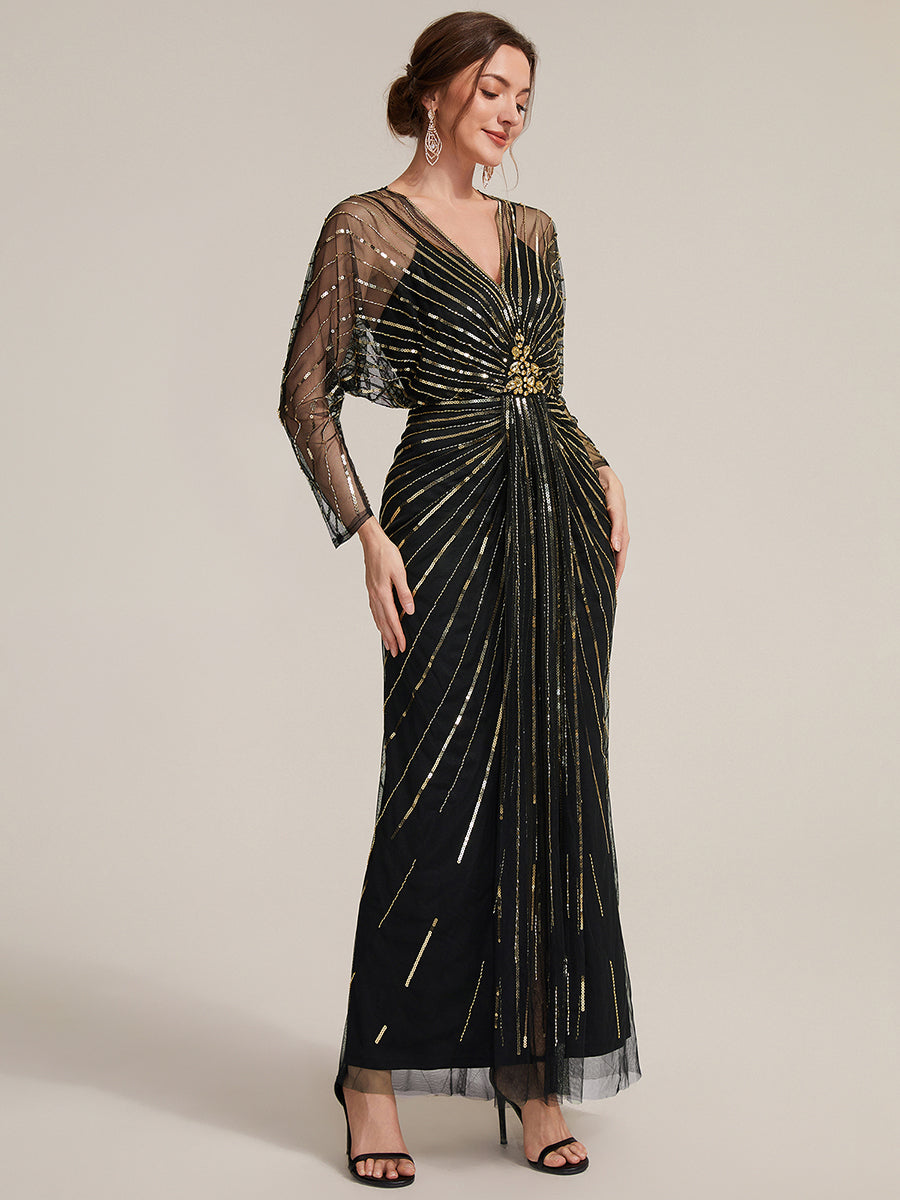Color=Black Gold | Volume Discounts Long Sleeve Sheath V-Neck High Stretch Maxi Evening Dresses with Slit & Beading-Black Gold 4