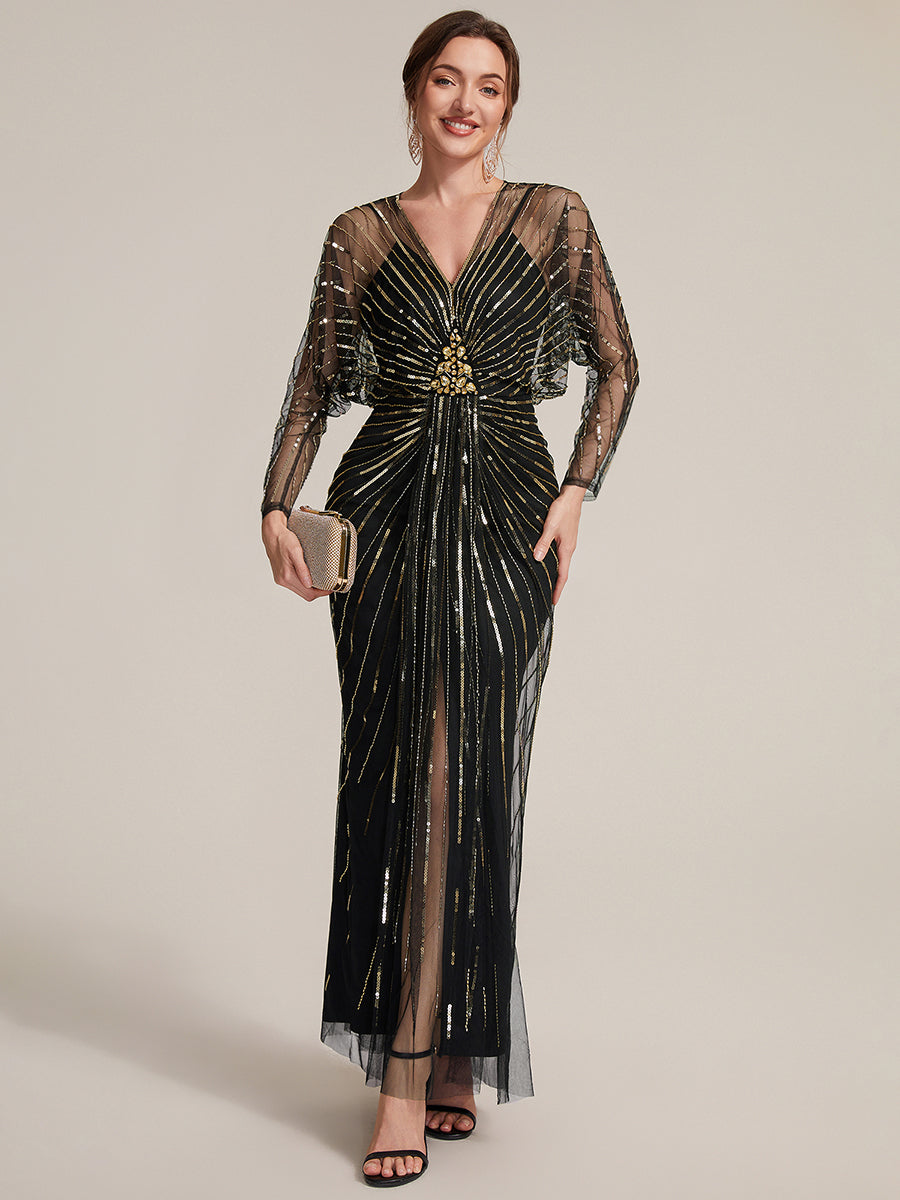 Color=Black Gold | Volume Discounts Long Sleeve Sheath V-Neck High Stretch Maxi Evening Dresses with Slit & Beading-Black Gold 5
