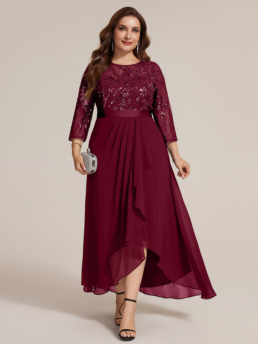 Color=Burgundy | Volume Discounts Three-Quarter Sleeve Ruffled Asymmetrical High-Low Evening Dresses-Burgundy 6