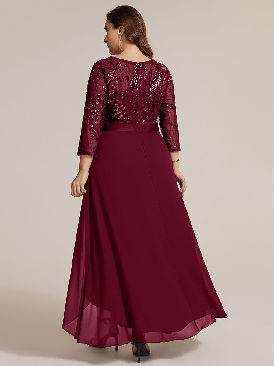 Color=Burgundy | Volume Discounts Three-Quarter Sleeve Ruffled Asymmetrical High-Low Evening Dresses-Burgundy 7