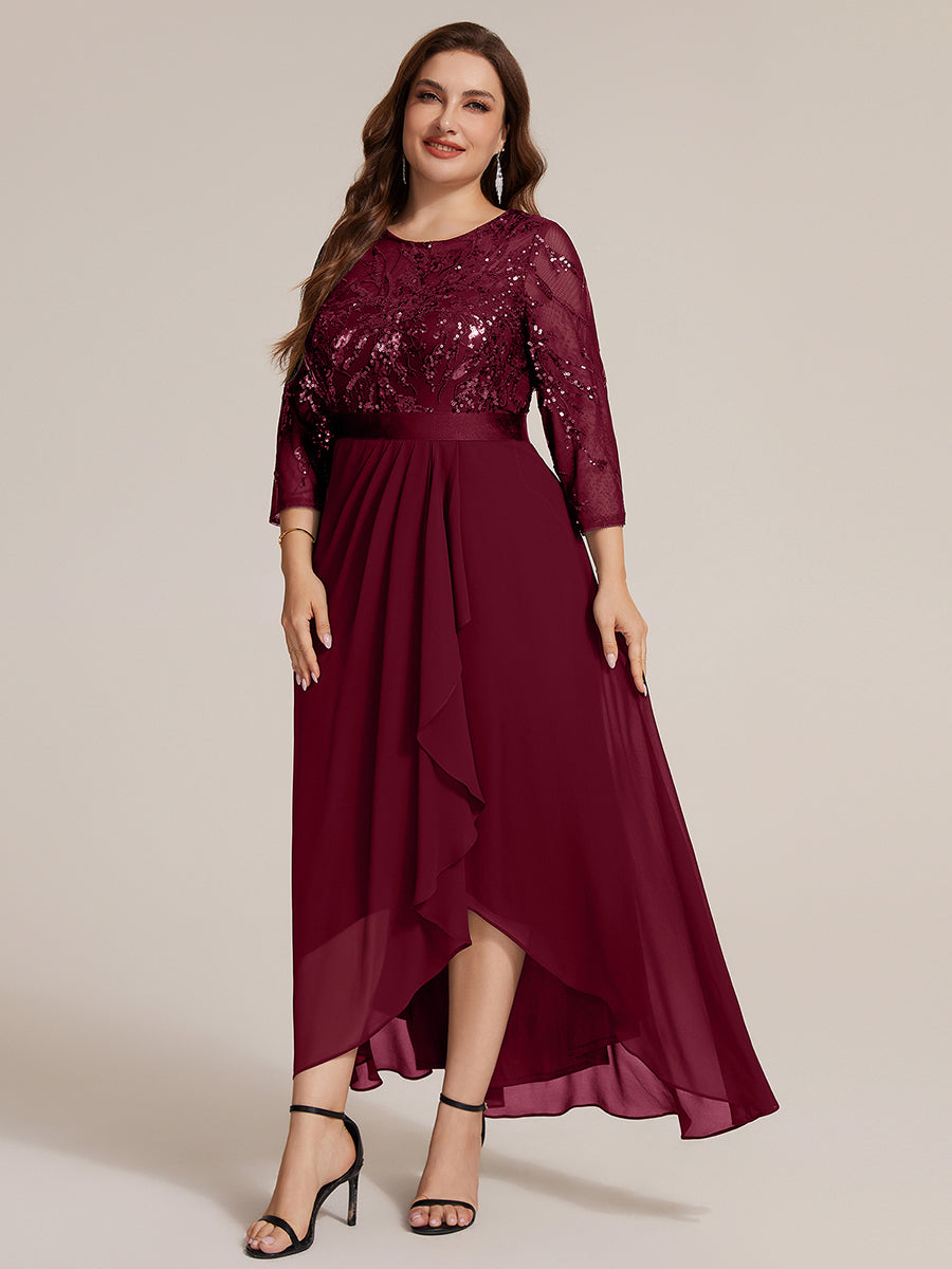 Color=Burgundy | Volume Discounts Three-Quarter Sleeve Ruffled Asymmetrical High-Low Evening Dresses-Burgundy 9