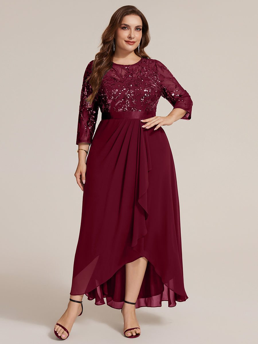 Color=Burgundy | Volume Discounts Three-Quarter Sleeve Ruffled Asymmetrical High-Low Evening Dresses-Burgundy 10