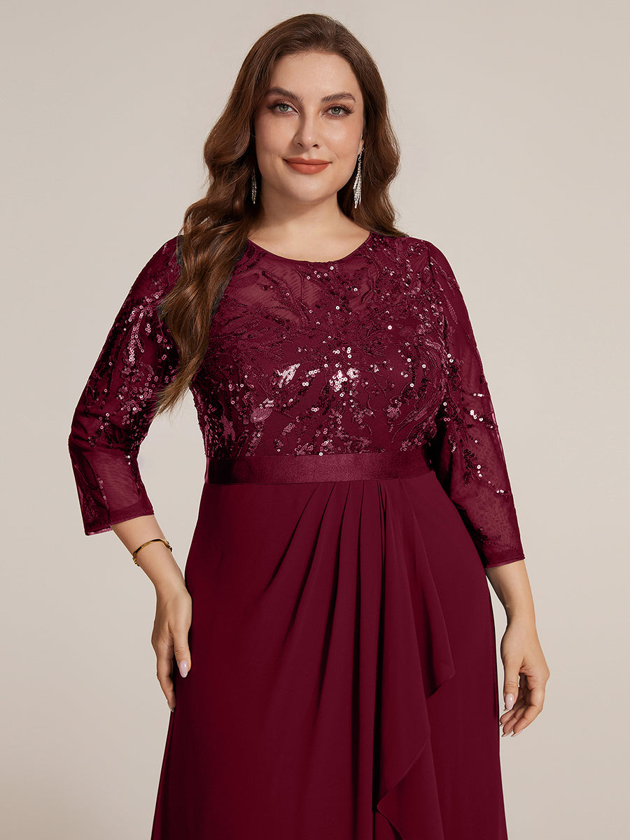 Color=Burgundy | Volume Discounts Three-Quarter Sleeve Ruffled Asymmetrical High-Low Evening Dresses-Burgundy 8