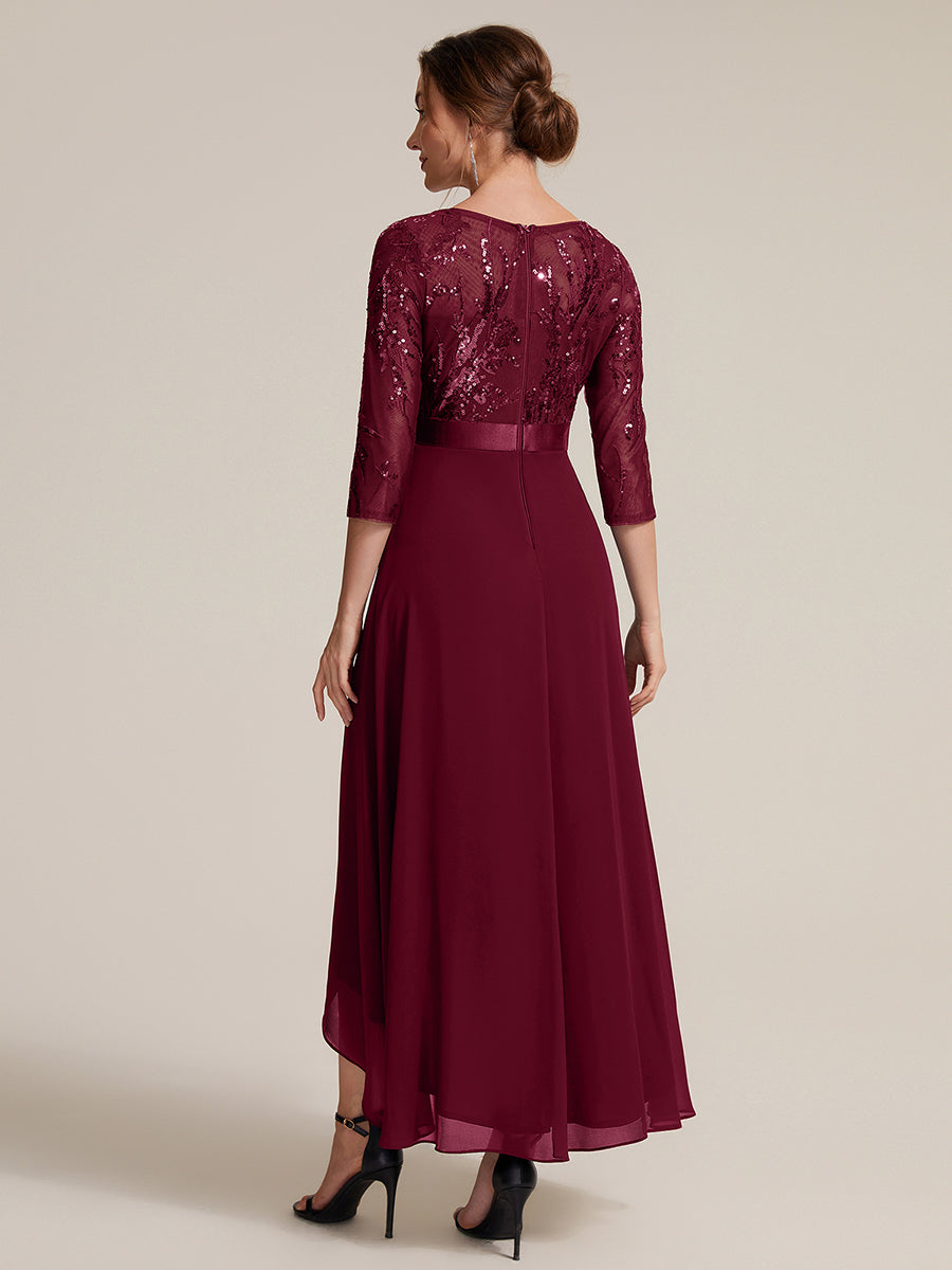 Color=Burgundy | Volume Discounts Three-Quarter Sleeve Ruffled Asymmetrical High-Low Evening Dresses-Burgundy 2