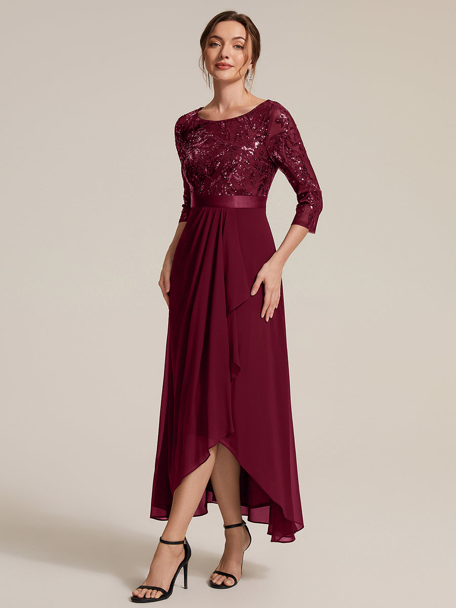 Color=Burgundy | Volume Discounts Three-Quarter Sleeve Ruffled Asymmetrical High-Low Evening Dresses-Burgundy 4