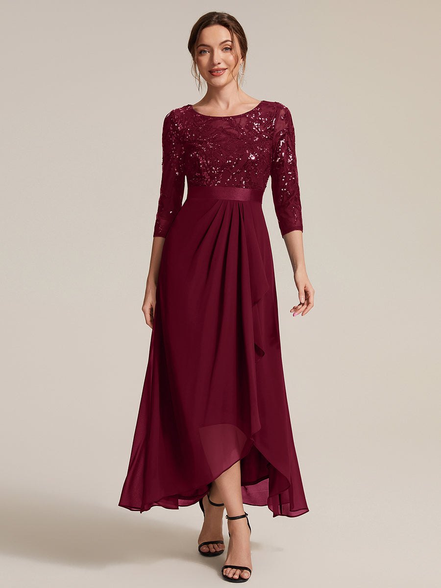 Color=Burgundy | Volume Discounts Three-Quarter Sleeve Ruffled Asymmetrical High-Low Evening Dresses-Burgundy 5