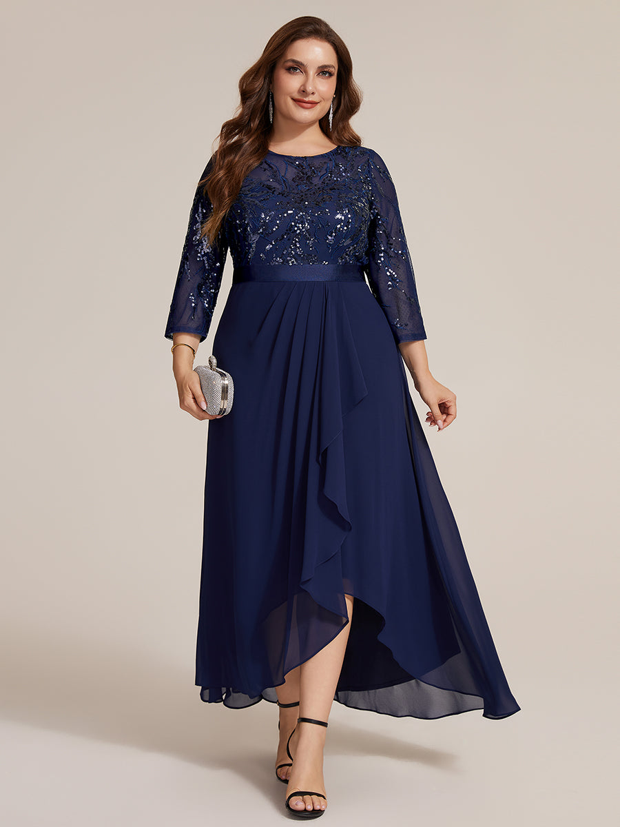 Color=Navy Blue | Volume Discounts Three-Quarter Sleeve Ruffled Asymmetrical High-Low Evening Dresses-Navy Blue 16