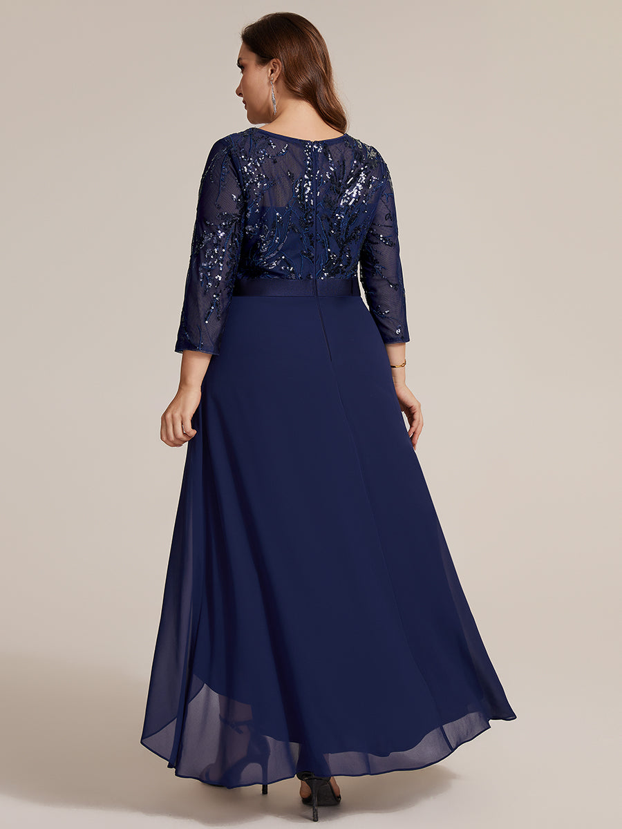 Color=Navy Blue | Volume Discounts Three-Quarter Sleeve Ruffled Asymmetrical High-Low Evening Dresses-Navy Blue 17