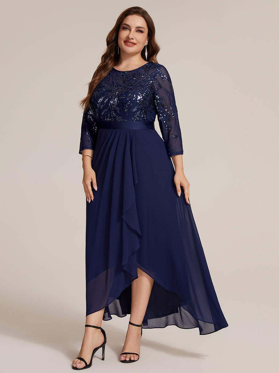 Color=Navy Blue | Volume Discounts Three-Quarter Sleeve Ruffled Asymmetrical High-Low Evening Dresses-Navy Blue 19