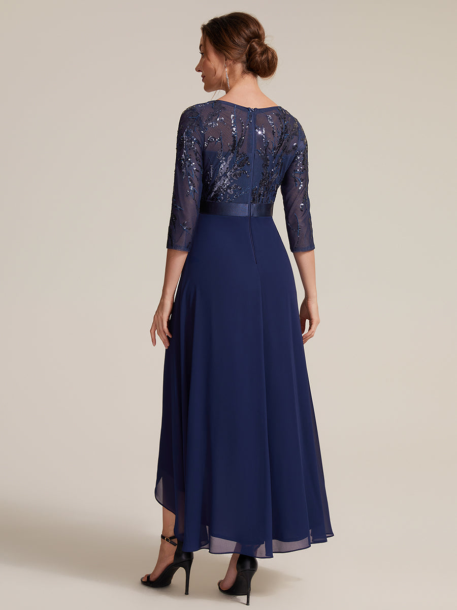 Color=Navy Blue | Volume Discounts Three-Quarter Sleeve Ruffled Asymmetrical High-Low Evening Dresses-Navy Blue 12