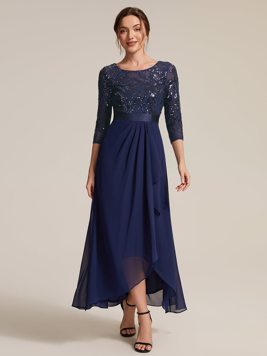 Color=Navy Blue | Volume Discounts Three-Quarter Sleeve Ruffled Asymmetrical High-Low Evening Dresses-Navy Blue 15
