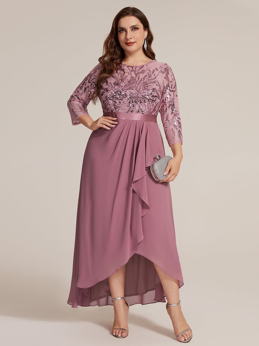 Color=Purple Orchid | Volume Discounts Three-Quarter Sleeve Ruffled Asymmetrical High-Low Evening Dresses-Purple Orchid 26