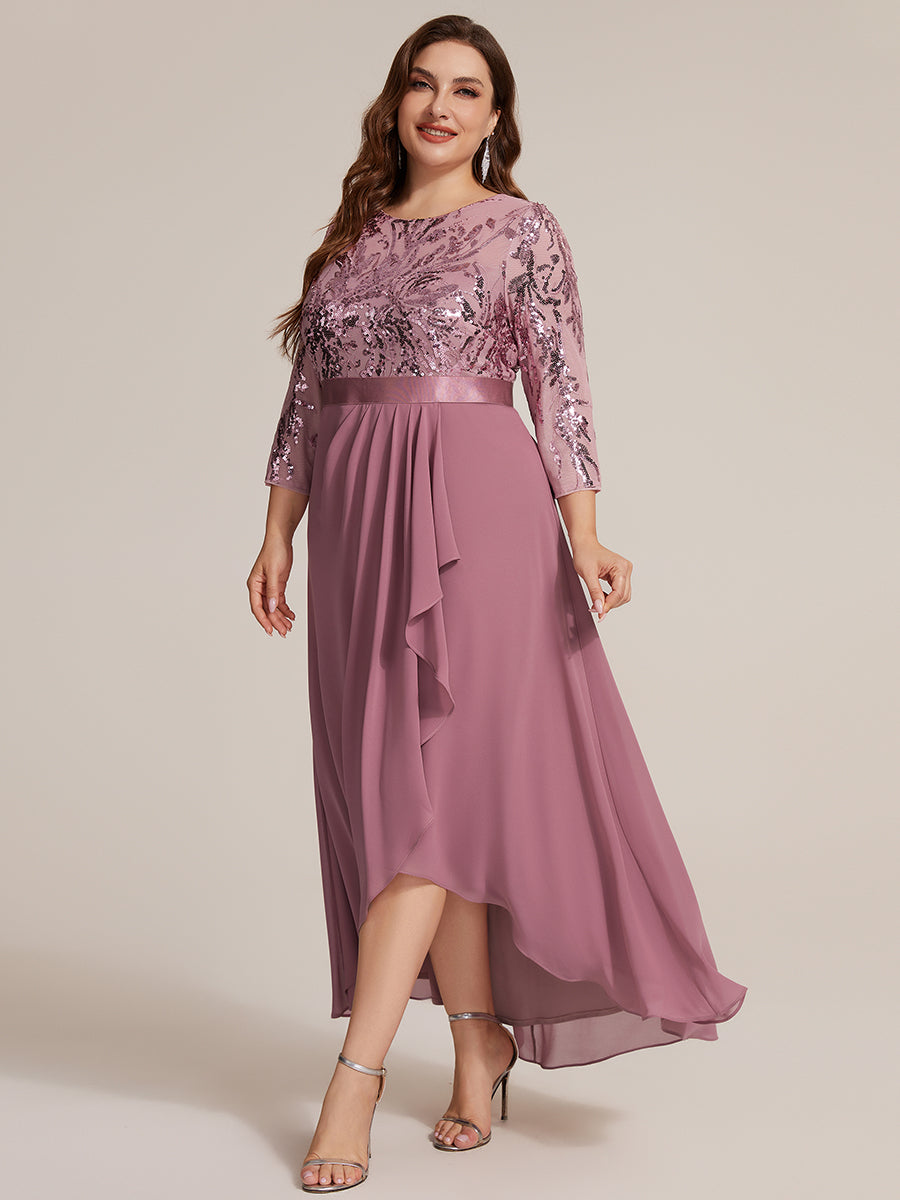 Color=Purple Orchid | Volume Discounts Three-Quarter Sleeve Ruffled Asymmetrical High-Low Evening Dresses-Purple Orchid 29