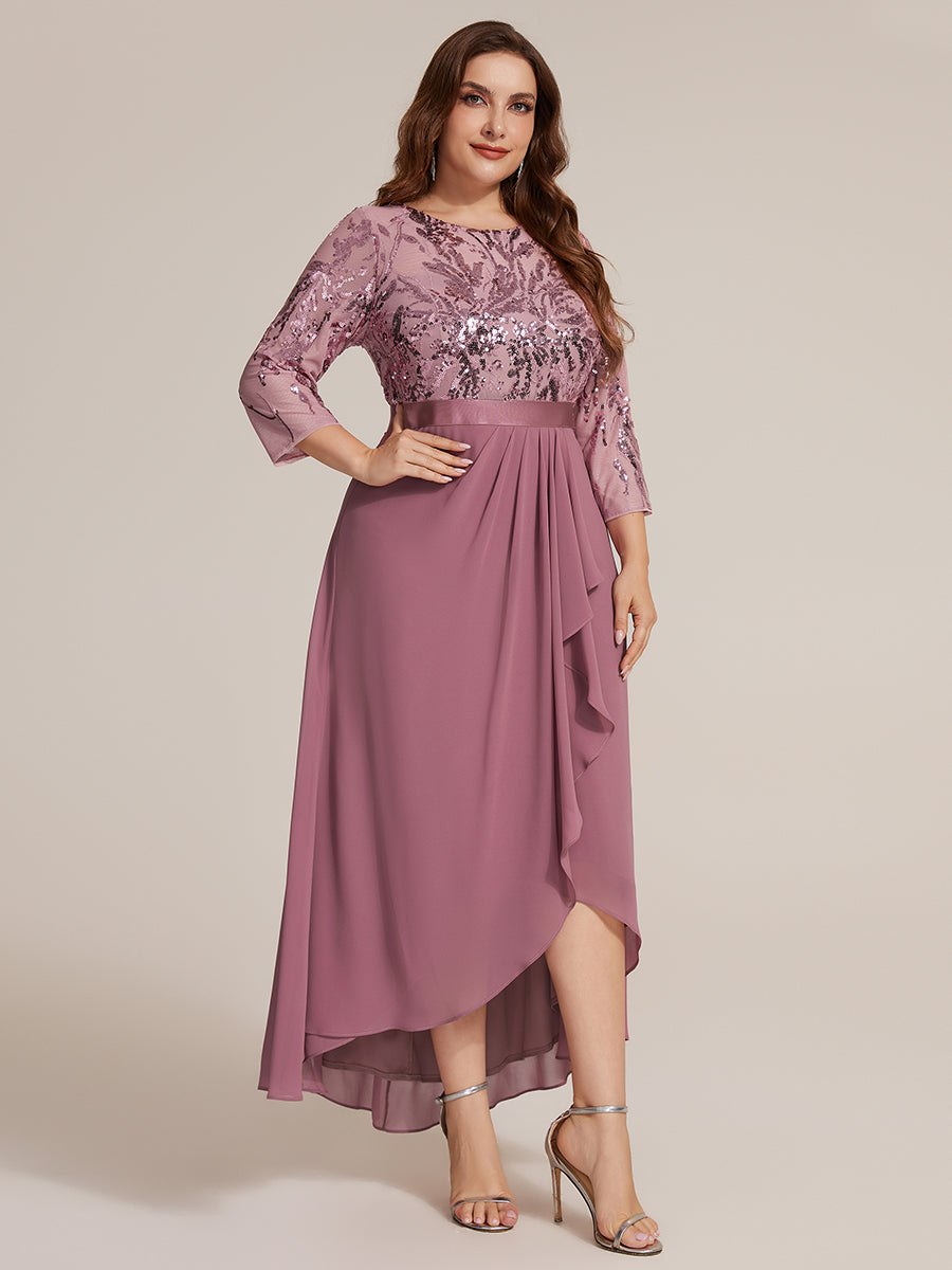 Color=Purple Orchid | Volume Discounts Three-Quarter Sleeve Ruffled Asymmetrical High-Low Evening Dresses-Purple Orchid 30