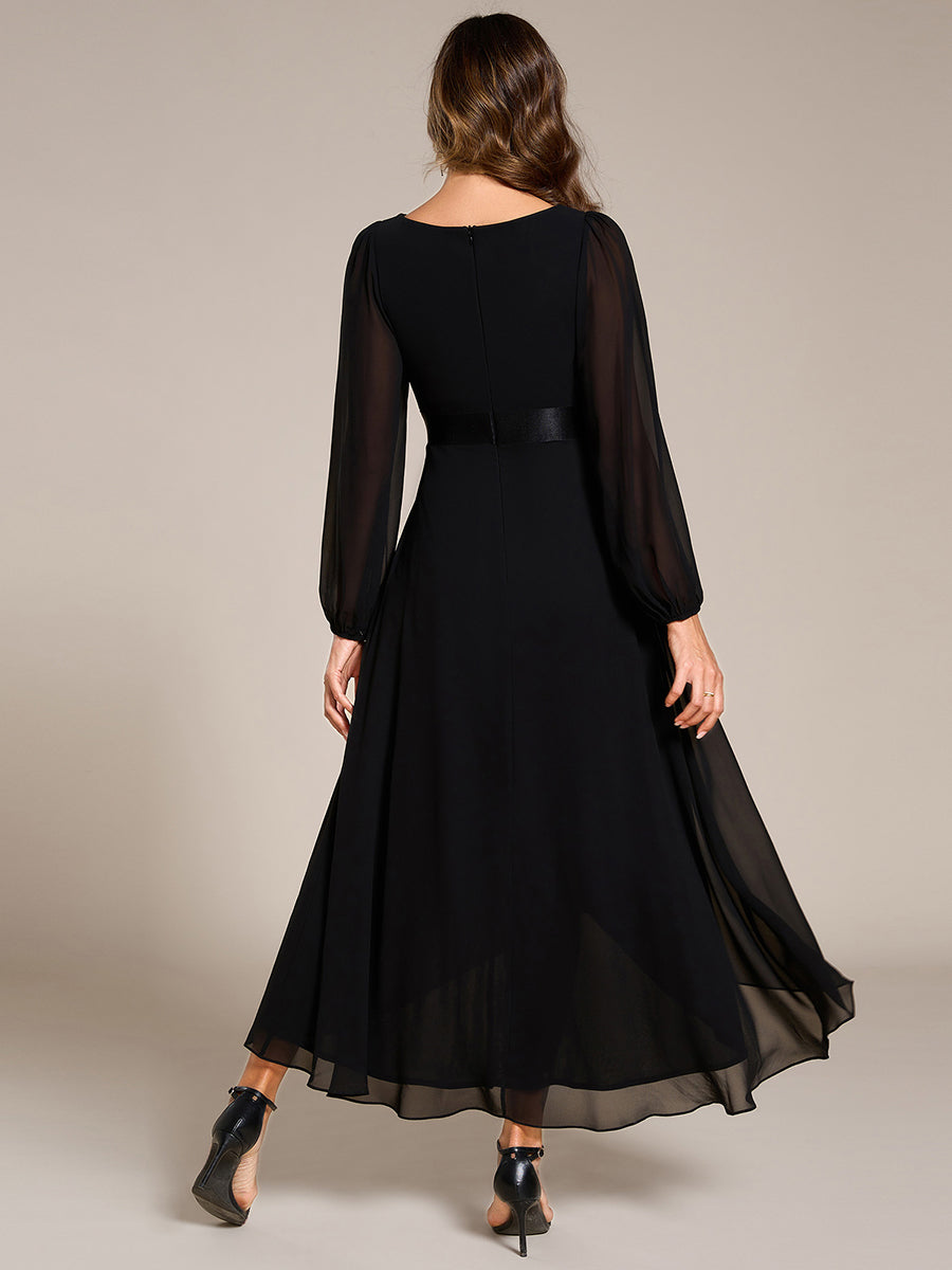 Color=Black | Classical Lantern Sleeve Pleated Decoration Chiffon Evening Dress with Asymmetrical Hem-Black 2