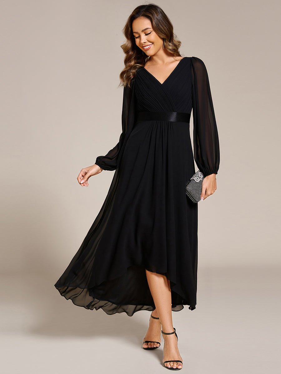 Color=Black | Classical Lantern Sleeve Pleated Decoration Chiffon Evening Dress with Asymmetrical Hem-Black 3