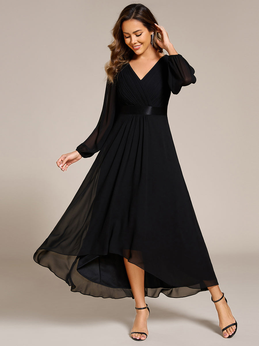Color=Black | Classical Lantern Sleeve Pleated Decoration Chiffon Evening Dress with Asymmetrical Hem-Black 5