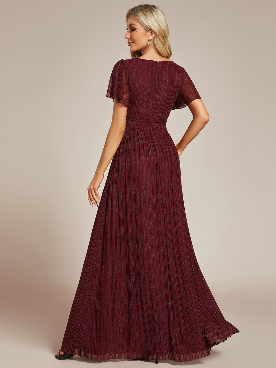 Color=Burgundy | Glittery V Neck Bowknot Waist Mesh Fabric Wholesale Evening Dress-Burgundy 2