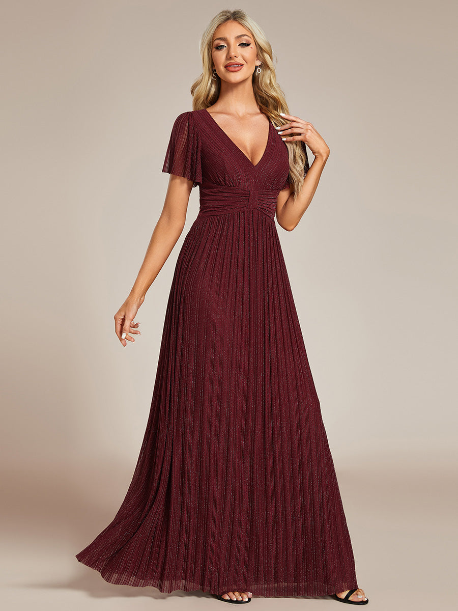 Color=Burgundy | Glittery V Neck Bowknot Waist Mesh Fabric Wholesale Evening Dress-Burgundy 1