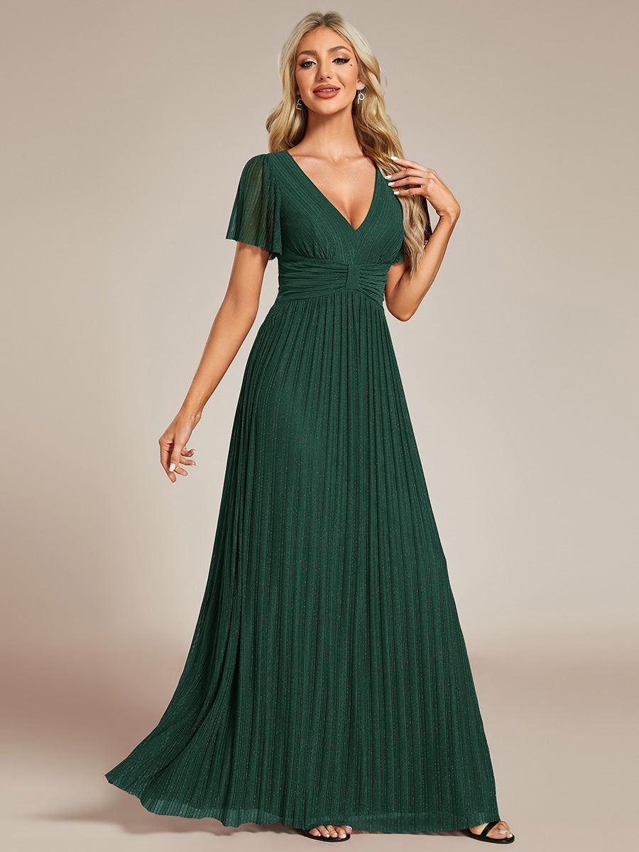 Color=Dark Green | Glittery V Neck Bowknot Waist Mesh Fabric Wholesale Evening Dress-Dark Green 25
