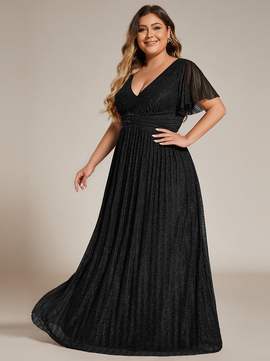 Color=Black | Bulk Order Short Sleeve Ruffle V-Neck High Stretch A-Line Floor Length Evening Dresses-Black 9