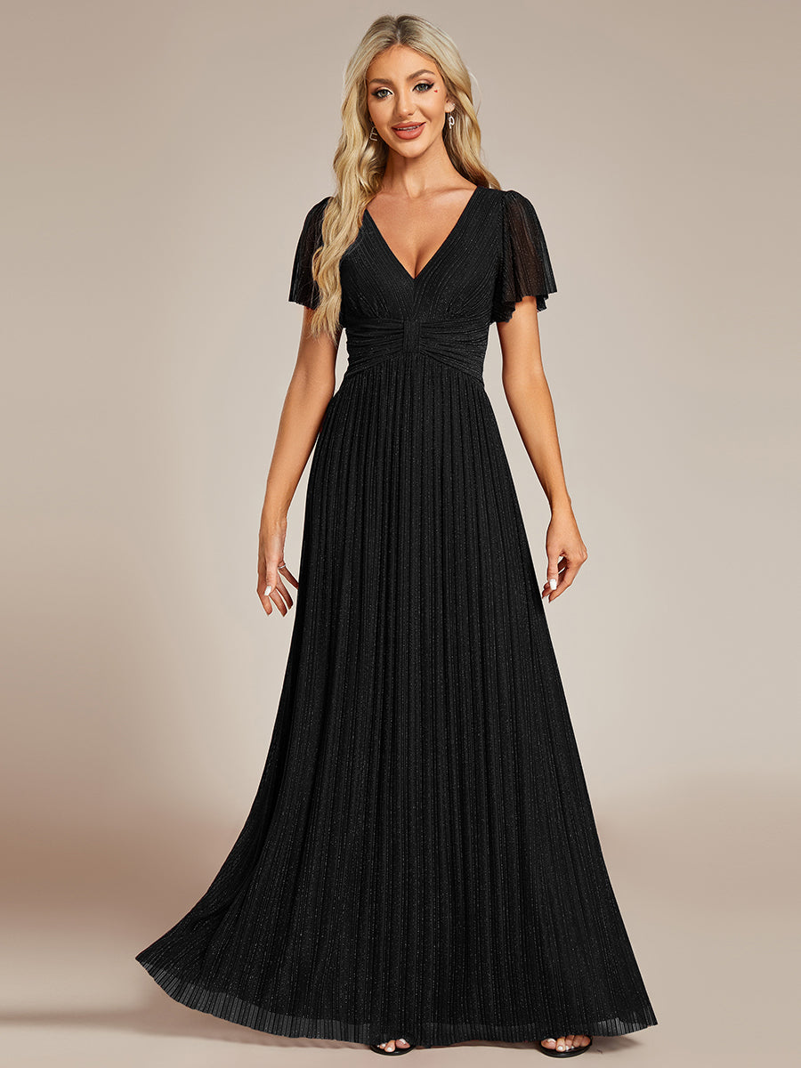 Color=Black | Bulk Order Short Sleeve Ruffle V-Neck High Stretch A-Line Floor Length Evening Dresses-Black 1
