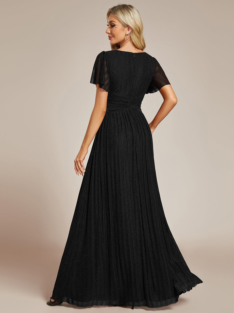 Color=Black | Bulk Order Short Sleeve Ruffle V-Neck High Stretch A-Line Floor Length Evening Dresses-Black 2