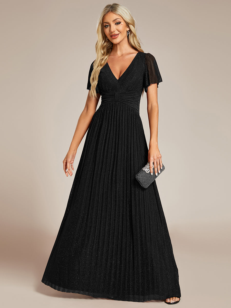 Color=Black | Bulk Order Short Sleeve Ruffle V-Neck High Stretch A-Line Floor Length Evening Dresses-Black 5
