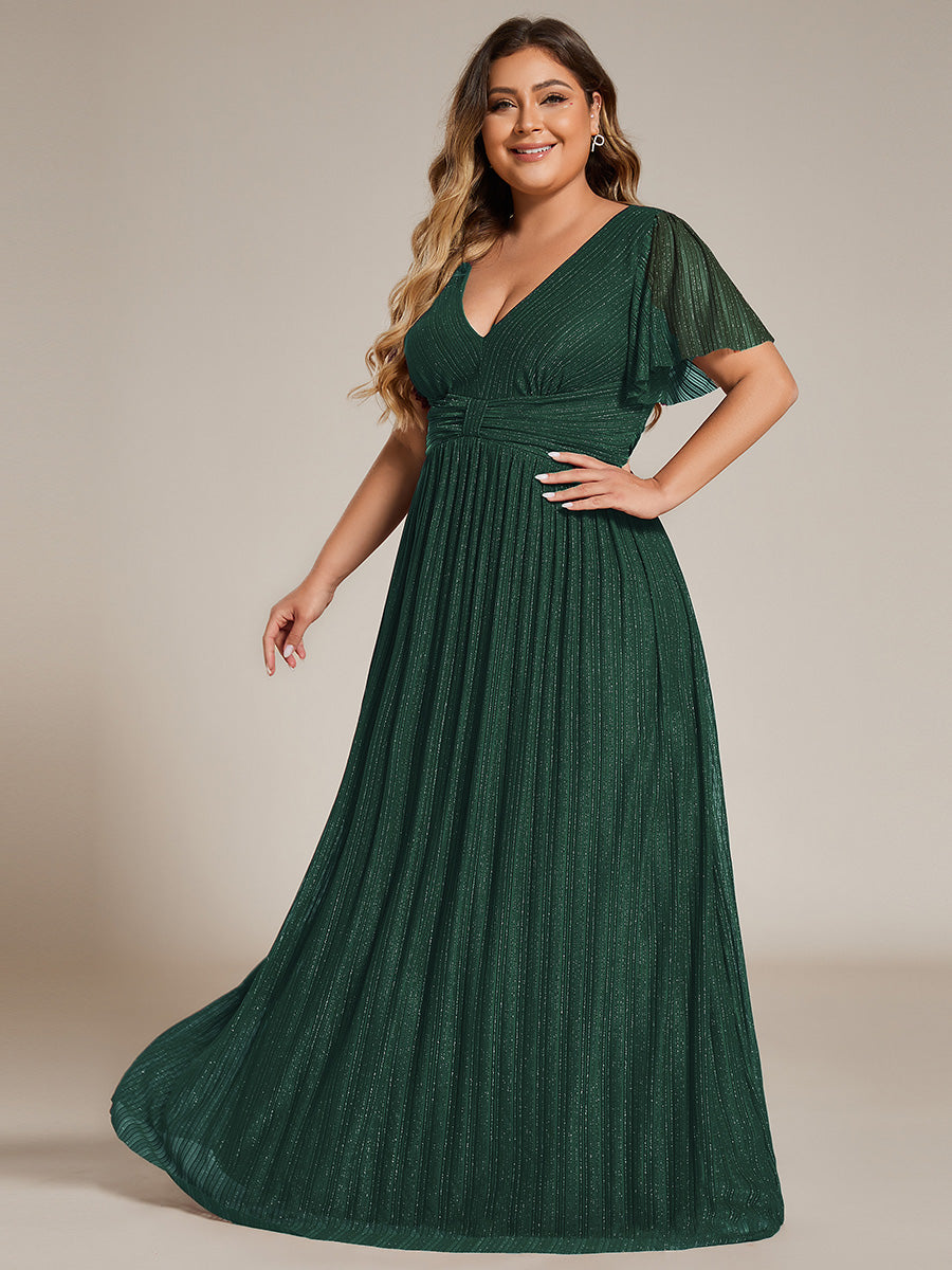 Color=Dark Green | Bulk Order Short Sleeve Ruffle V-Neck High Stretch A-Line Floor Length Evening Dresses-Dark Green 19