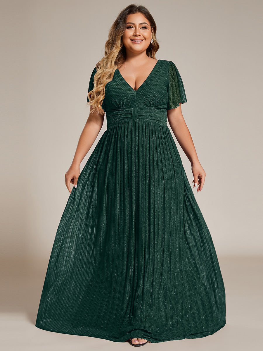 Color=Dark Green | Bulk Order Short Sleeve Ruffle V-Neck High Stretch A-Line Floor Length Evening Dresses-Dark Green 20