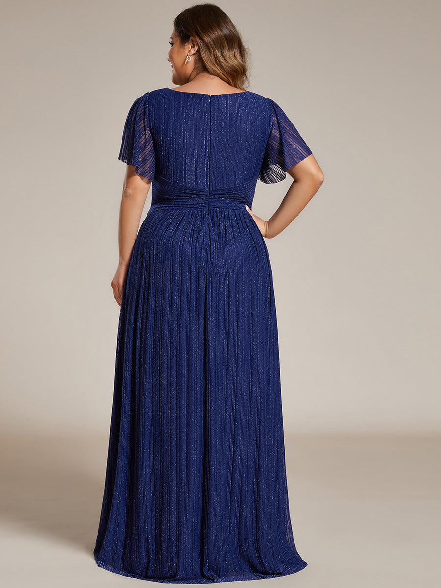 Color=Navy Blue | Bulk Order Short Sleeve Ruffle V-Neck High Stretch A-Line Floor Length Evening Dresses-Navy Blue 27