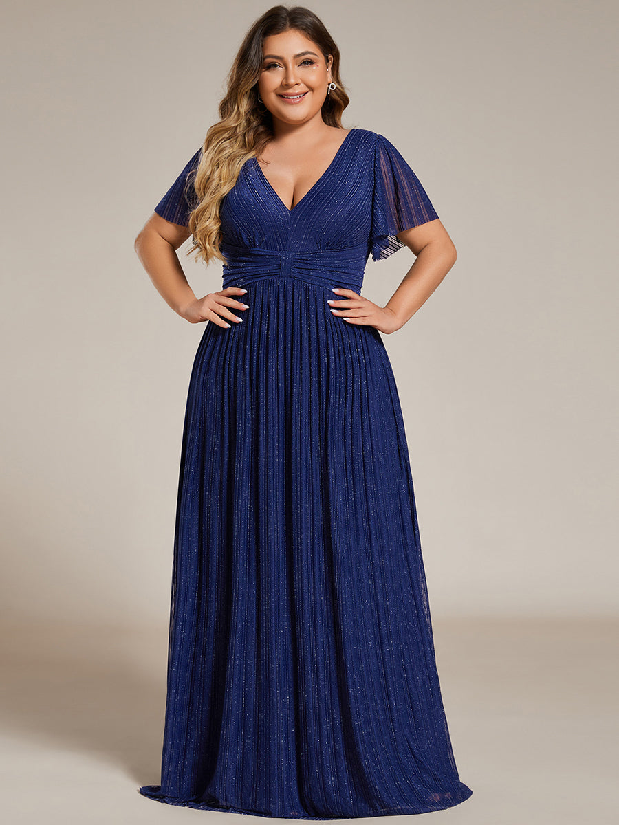 Color=Navy Blue | Bulk Order Short Sleeve Ruffle V-Neck High Stretch A-Line Floor Length Evening Dresses-Navy Blue 29