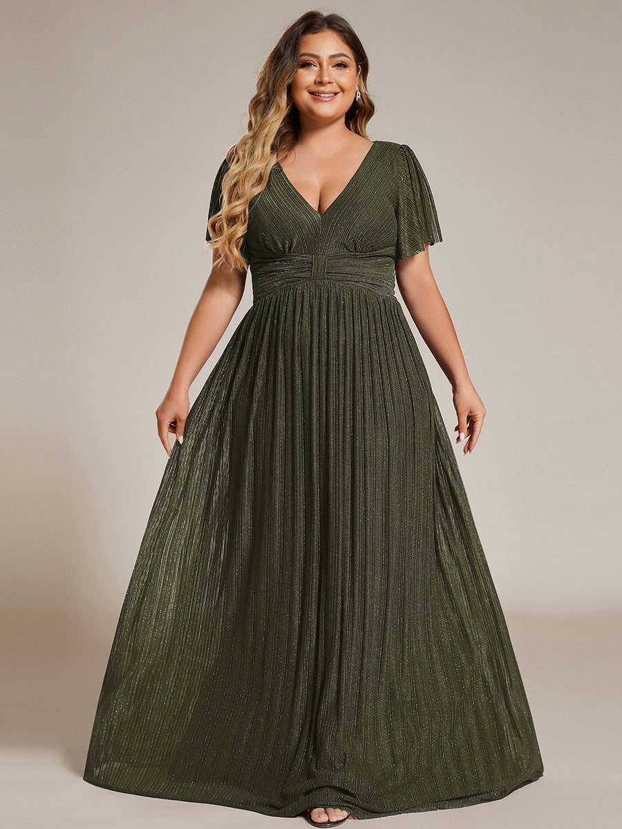 Color=Olive Green | Bulk Order Short Sleeve Ruffle V-Neck High Stretch A-Line Floor Length Evening Dresses-Olive Green 40
