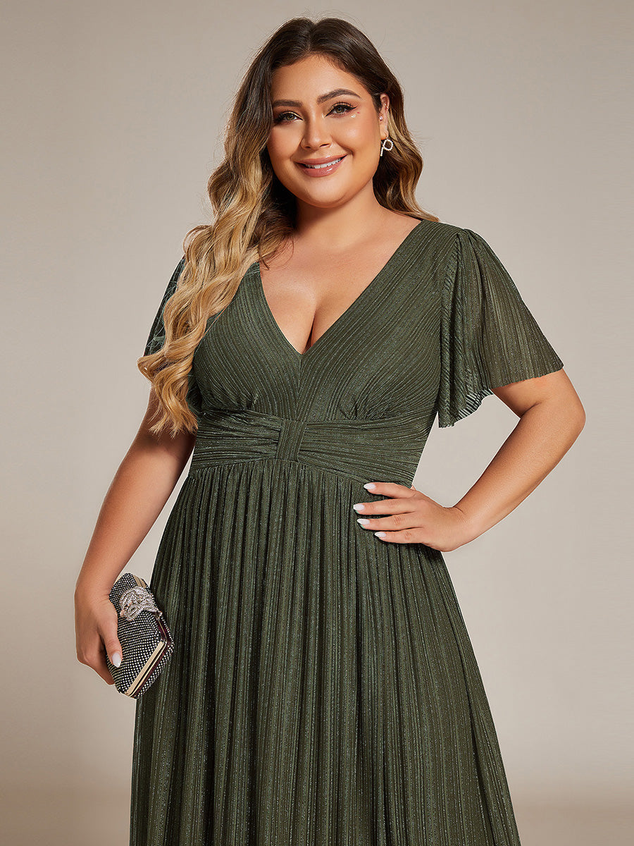 Color=Olive Green | Bulk Order Short Sleeve Ruffle V-Neck High Stretch A-Line Floor Length Evening Dresses-Olive Green 38
