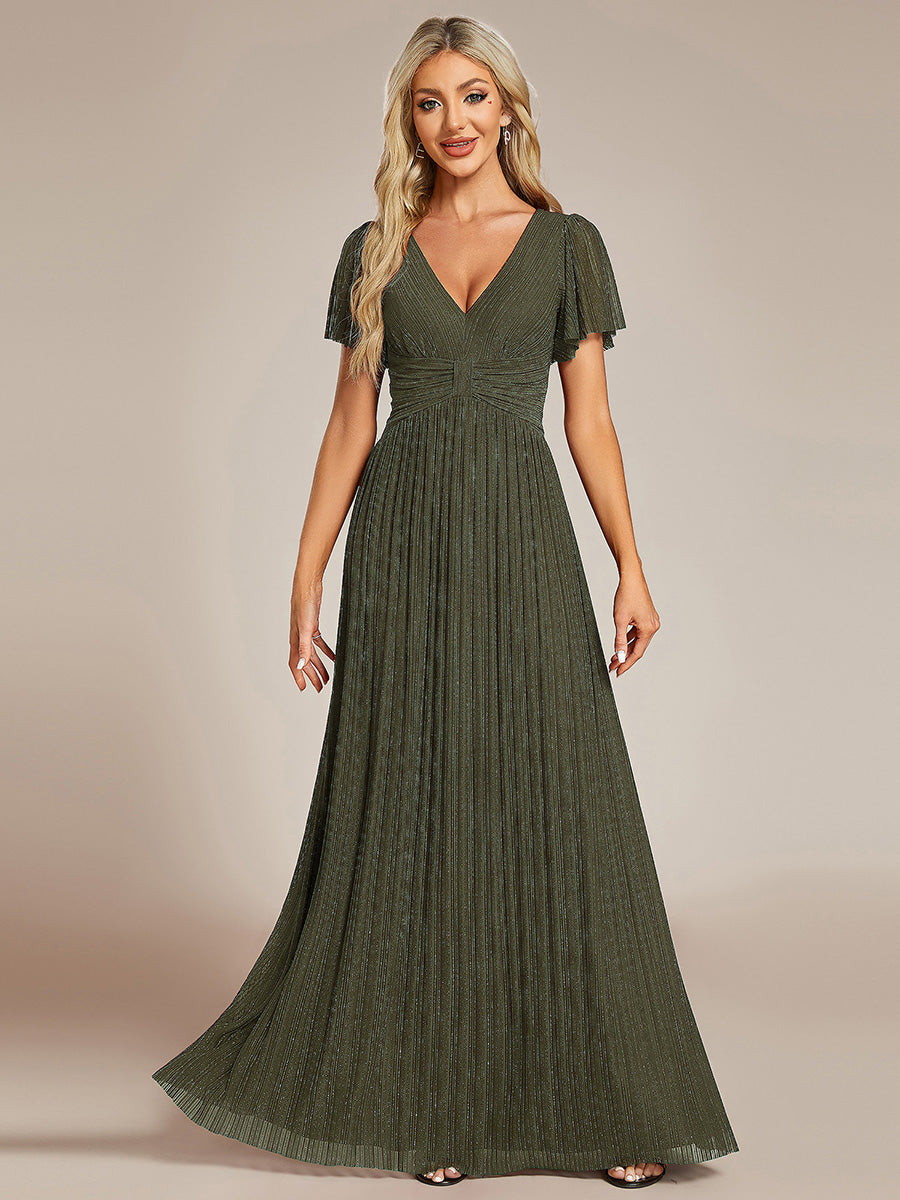Color=Olive Green | Bulk Order Short Sleeve Ruffle V-Neck High Stretch A-Line Floor Length Evening Dresses-Olive Green 31