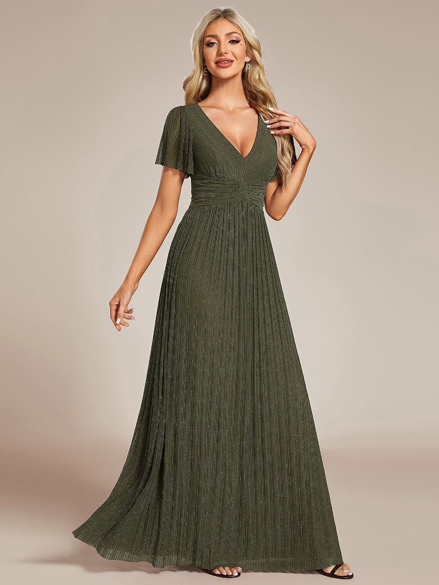 Color=Olive Green | Bulk Order Short Sleeve Ruffle V-Neck High Stretch A-Line Floor Length Evening Dresses-Olive Green 34