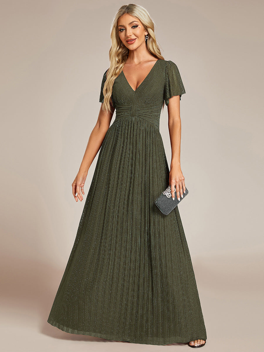 Color=Olive Green | Bulk Order Short Sleeve Ruffle V-Neck High Stretch A-Line Floor Length Evening Dresses-Olive Green 35