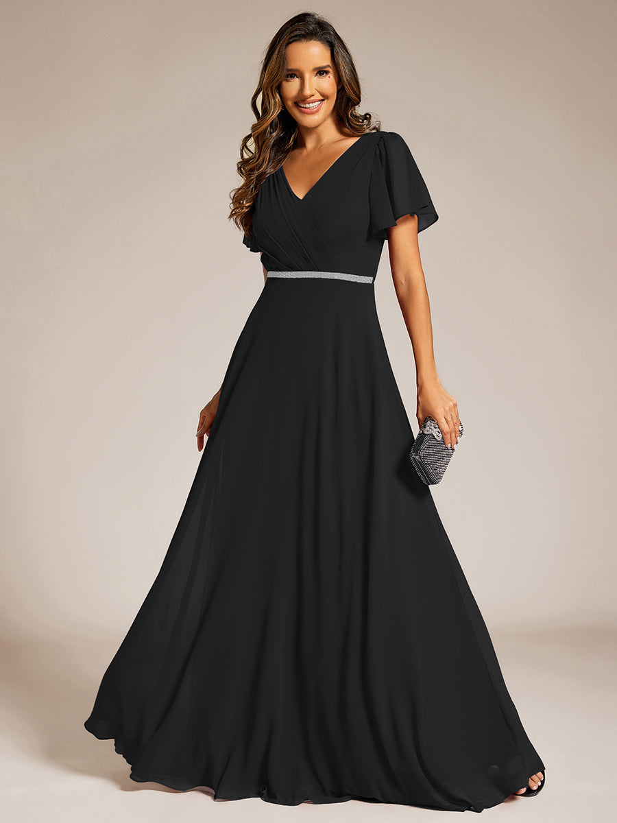 Color=Black | Elegant Midi Length Ruffles Sleeves Chiffon Dresses Empire Waist Evening Dresses with Belt-Black 15