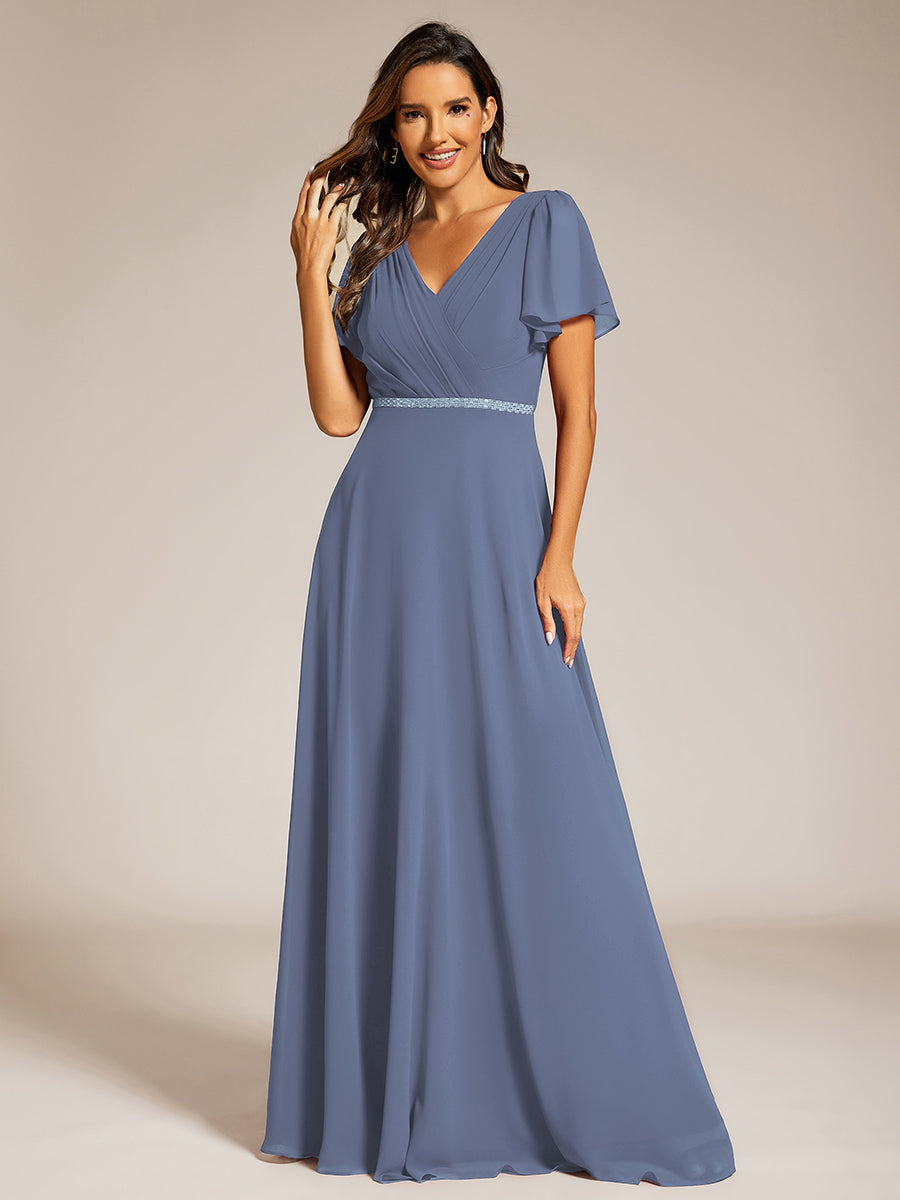 Color=Dusty Blue | Elegant Midi Length Ruffles Sleeves Chiffon Dresses Empire Waist Evening Dresses with Belt-Dusty Blue 19