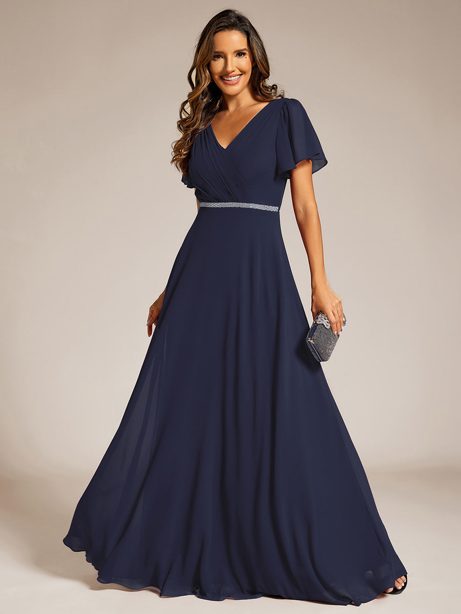 Color=Navy Blue | Elegant Midi Length Ruffles Sleeves Chiffon Dresses Empire Waist Evening Dresses with Belt-Navy Blue 25