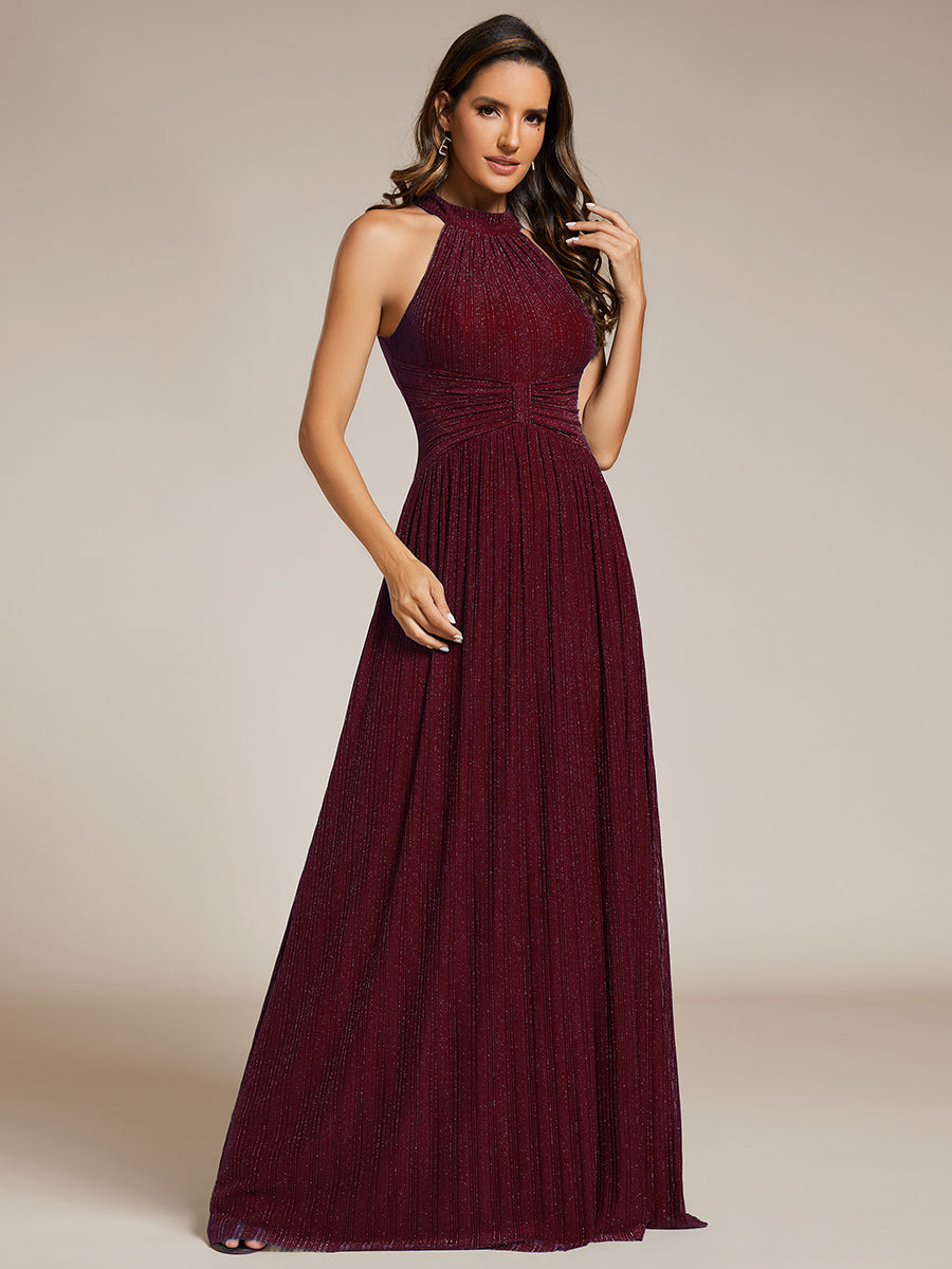 Color=Burgundy | Glittery Halter Neck Pleated Formal Wholesale Evening Dress-Burgundy 5