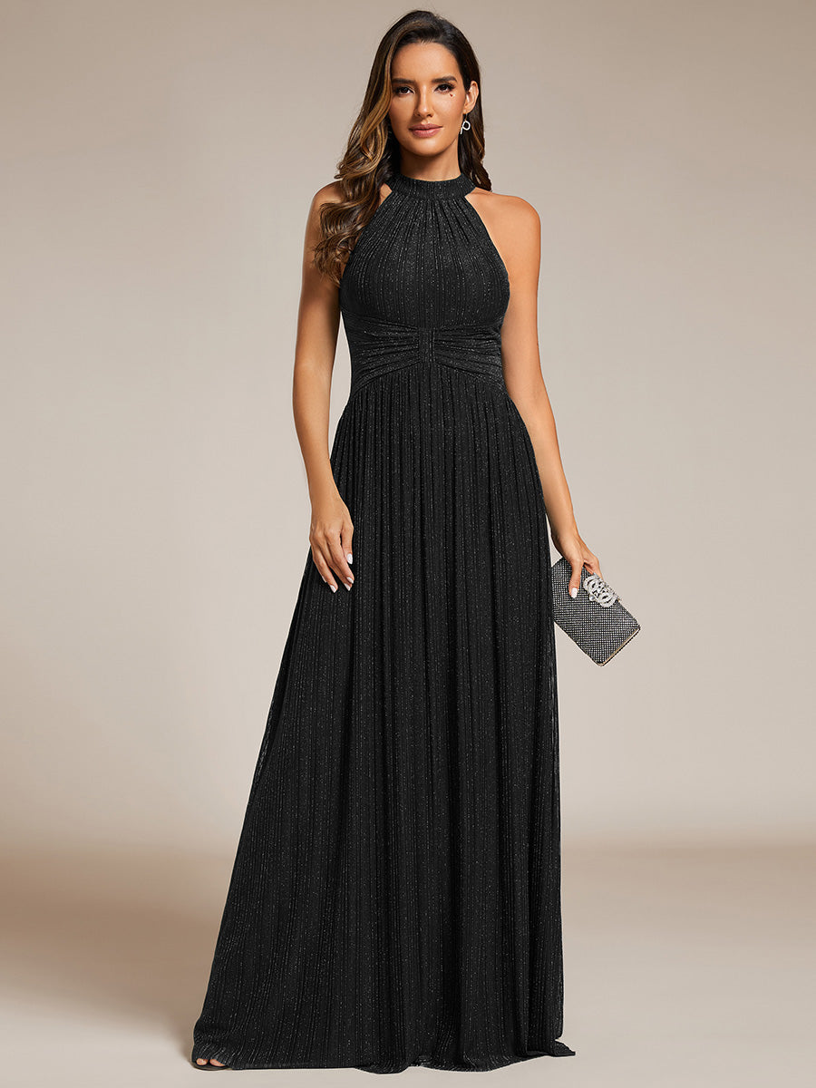 Color=Black | Glittery Halter Neck Pleated Formal Wholesale Evening Dress-Black 6