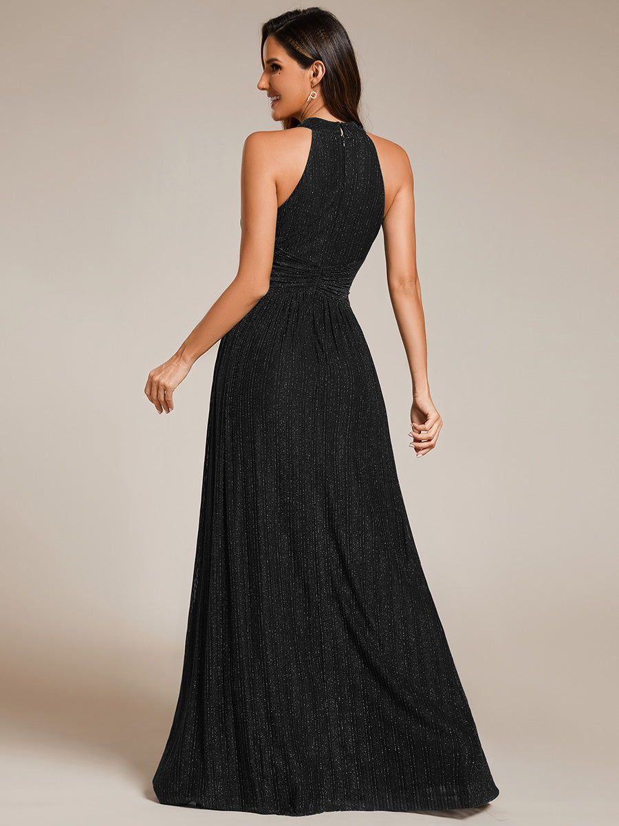 Color=Black | Glittery Halter Neck Pleated Formal Wholesale Evening Dress-Black 7
