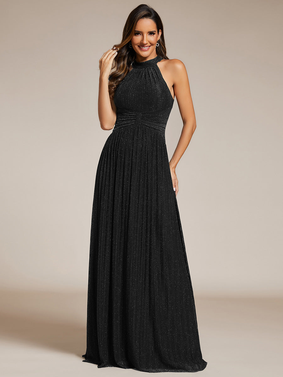 Color=Black | Glittery Halter Neck Pleated Formal Wholesale Evening Dress-Black 10