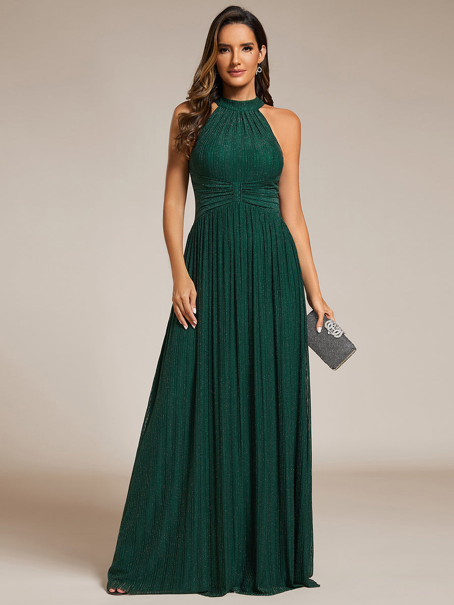 Color=Dark Green | Glittery Halter Neck Pleated Formal Wholesale Evening Dress-Dark Green 16