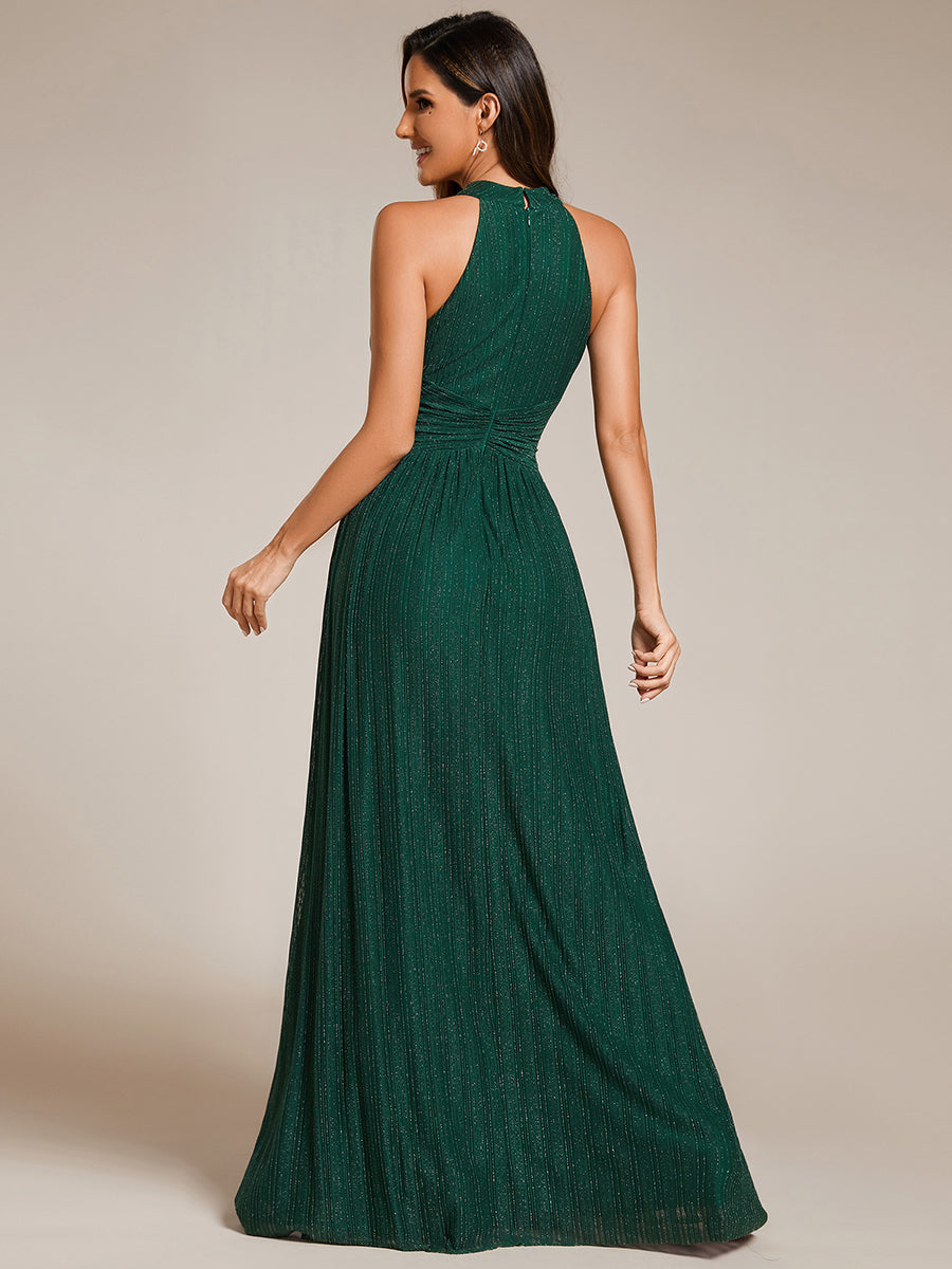 Color=Dark Green | Glittery Halter Neck Pleated Formal Wholesale Evening Dress-Dark Green 17