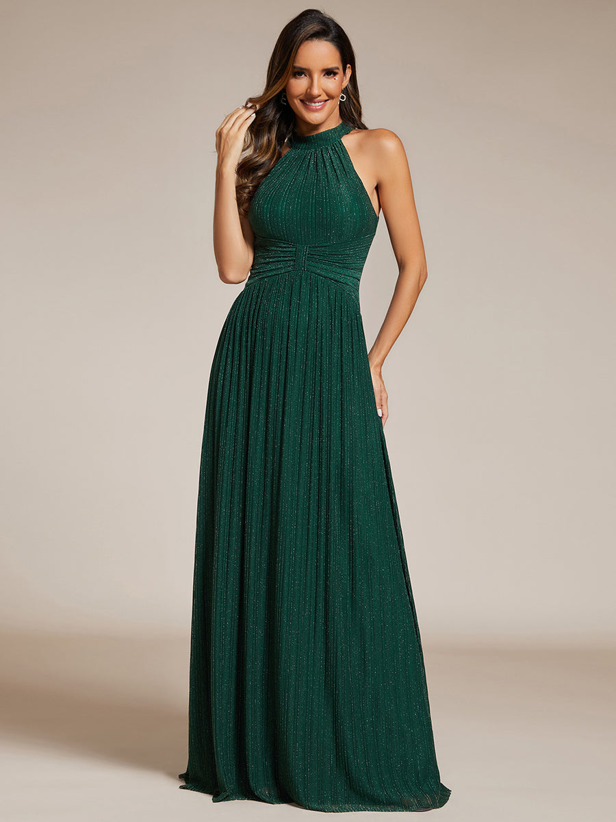 Color=Dark Green | Glittery Halter Neck Pleated Formal Wholesale Evening Dress-Dark Green 8